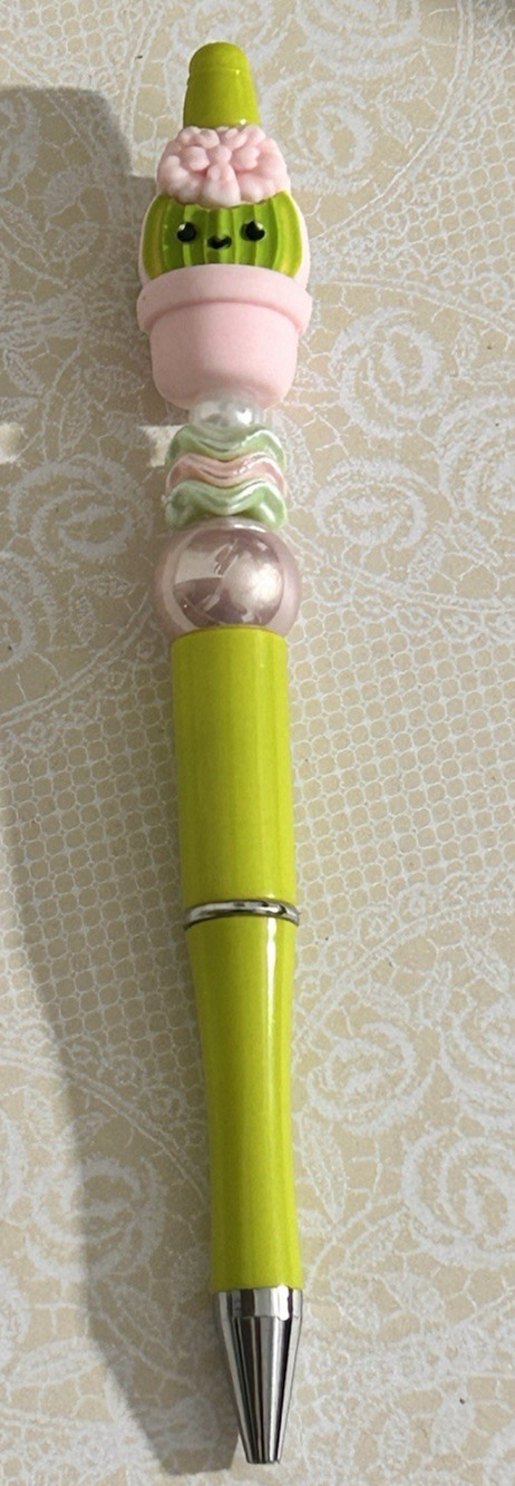 Custom Beaded Pen Green Cactus Plant Gift Handmade Unique Colorful